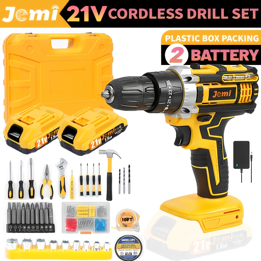 Jemi Tool Cordless 21v Drill, Plastic Box And Cardboard Box Accessory Set, 1/2 Removable Battery, 3-in-1 Lithium Drill Suitable For Home Decoration And Tool Repair