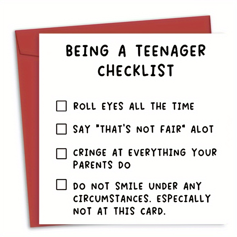 

Humorous Teen Birthday Card " A Teenager Checklist" - Ideal For 14th, 15th, 16th, 17th Celebrations - Message For Son, Daughter, Niece, - 5.5"x5.5" With , Gifts For Teen Girls