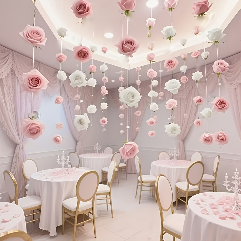 Image of 21pcs Pink White Rose Waterfalls Set With 20pcs Fake Rose Flower And 1 Roll Of 50m Transparent Rope For Wedding Party Decor Valentine Day Bridal Shower Birthday Supplies Room Decor