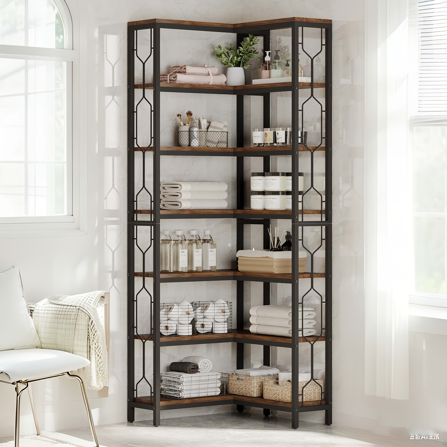 Corner Shelf, 7-story Industrial Corner Bookshelf, Wood And Metal Corner Bookshelf, Independent Display Rack For Living Room, Kitchen, Home Office, Country Brown