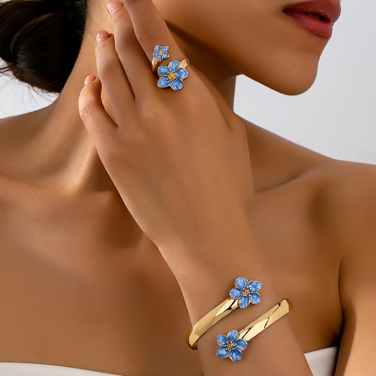E-shop 2-teiliges elegantes Emaille-Blumen-Armband und Ring-Set, vielseitiger Schmuckgeschenk für Frauen