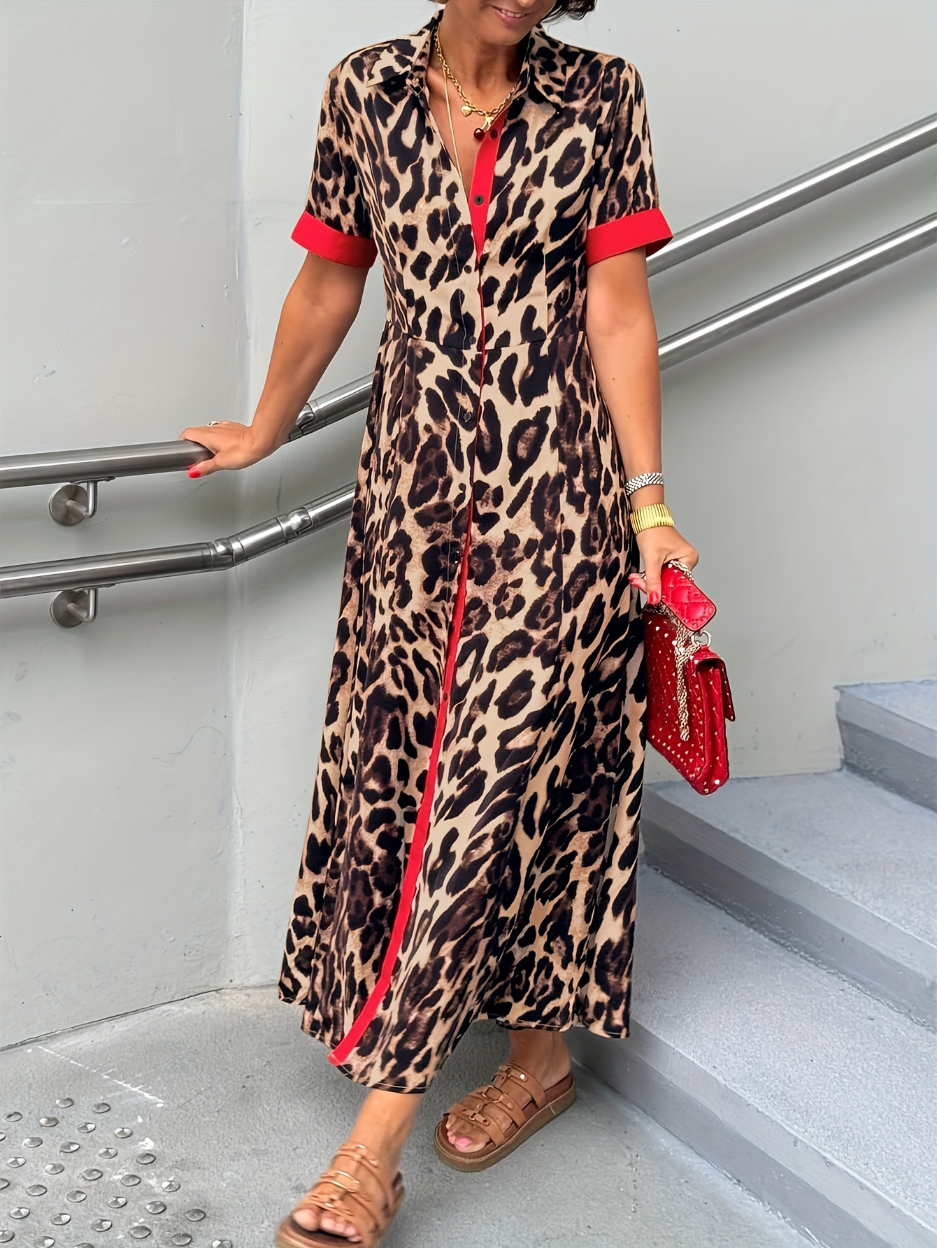 Leopardo Vestido Print Rojo Vestido Midi Rojo Y Rosa Cruzado Con