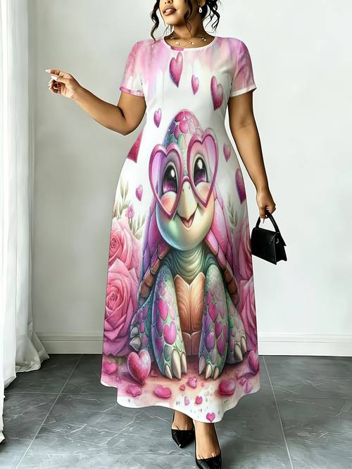 item picture plus size large sized african ethnic style long dress turtle with hearts and roses short sleeved round neck loose long dress suitable for curvy women versatile for spring and summer beach party outfits for present