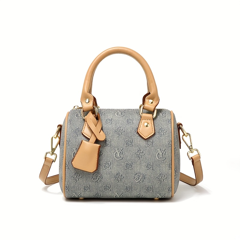 Vintage Blue Floral Print Pvc Women's Handbag - Detachable /shoulder Strap, Zipper Closure, Spacious For Daily Use & Parties, Vintage Handbag