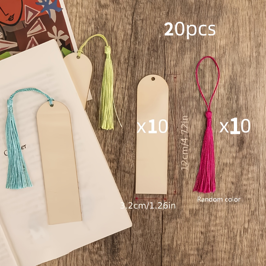Image of 20 Unfinished Wooden Blank Bookmarks (10 Bookmarks, 10 Tassels, Diy Wooden Craft Bookmarks, Wood Laser Cut Wooden Hooks, Wooden Square Tags, Tassel Colors Random)