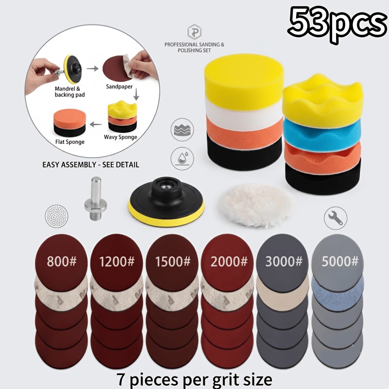 TEMU 41/47/53/68pcs Headlight Restoration Refurbishment Kit Car Polishing Disc 3 Inch 75mm Car Wax Sponge Grinding Pad With Sandpaper For Car