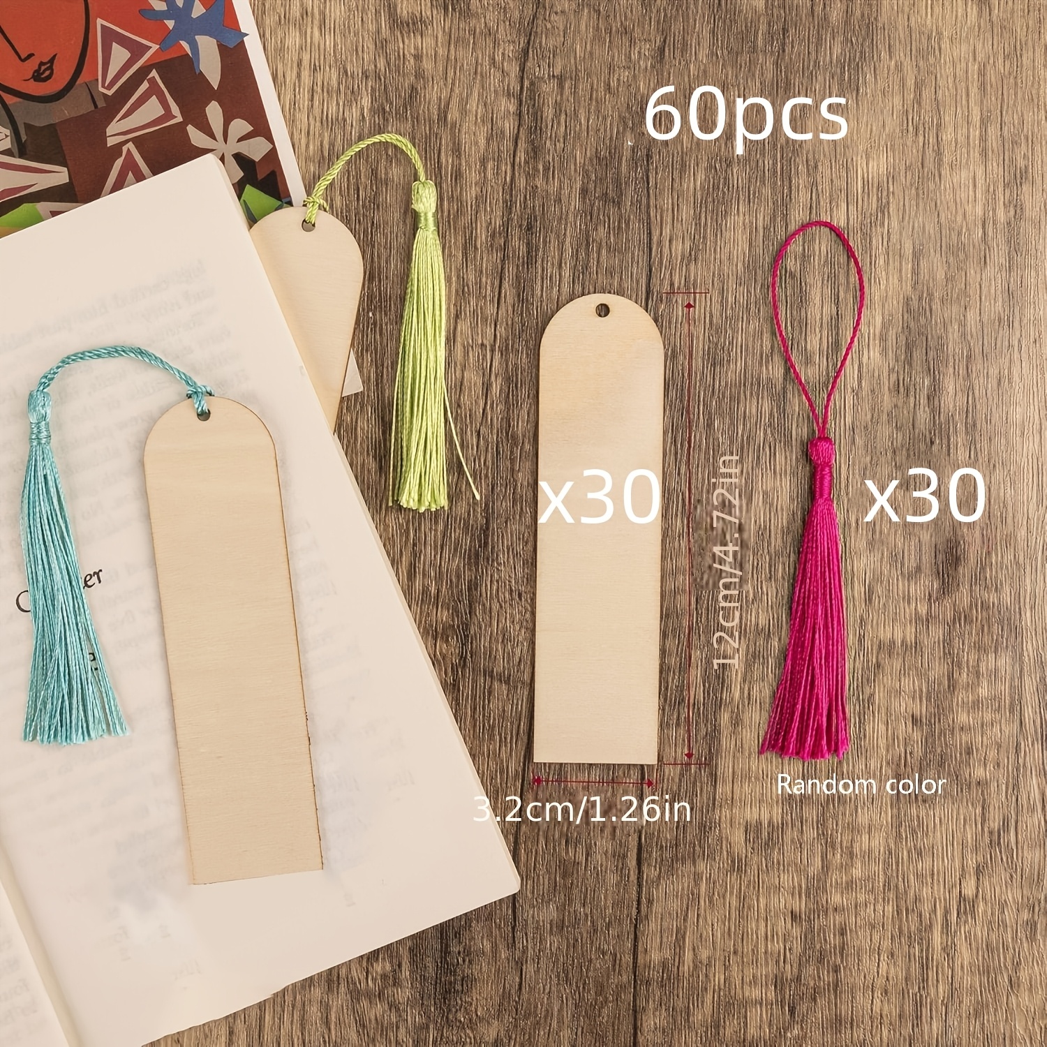 Image of 60pcs Unfinished Wooden Blank Bookmarks Diy Wooden Craft Bookmarks Wooden Laser Cut Wooden Hangers Wooden Square Tags (30 Bookmarks 30 Tassels) Tassel Color Random