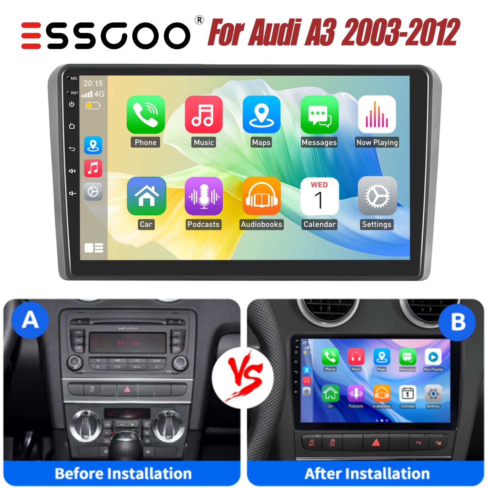 Essgoo 9" 14 Car Stereo For A3 2003-2012 | & Auto, 4+64gb | Animiertes Display, Built-in Equalizer, Ready, Rds, Usb/wifi