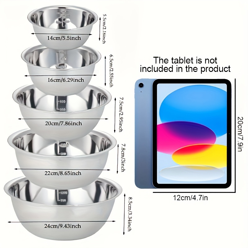 

5pcs, Stainless Steel Mixing Bowls With Scale - Ideal For Cooking, Baking, And Prepping - Household Kitchen Basin For Washing And Serving - Baking Tools