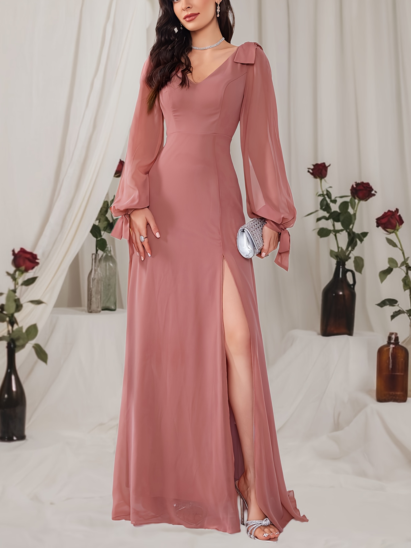 elegant v neck chiffon maxi dress women long sleeve solid - Temu United  Kingdom