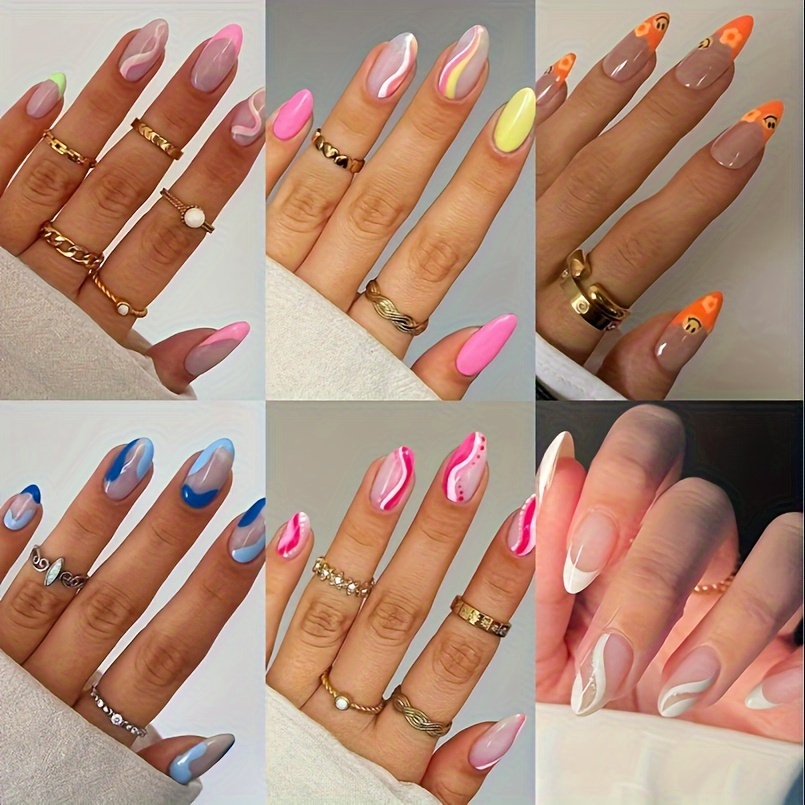 TEMU (144 Pcs) Press On Nails Medium, Short Fake Nails Almond Glue On Nails Set With Adhesive Tabs Nail File For Women