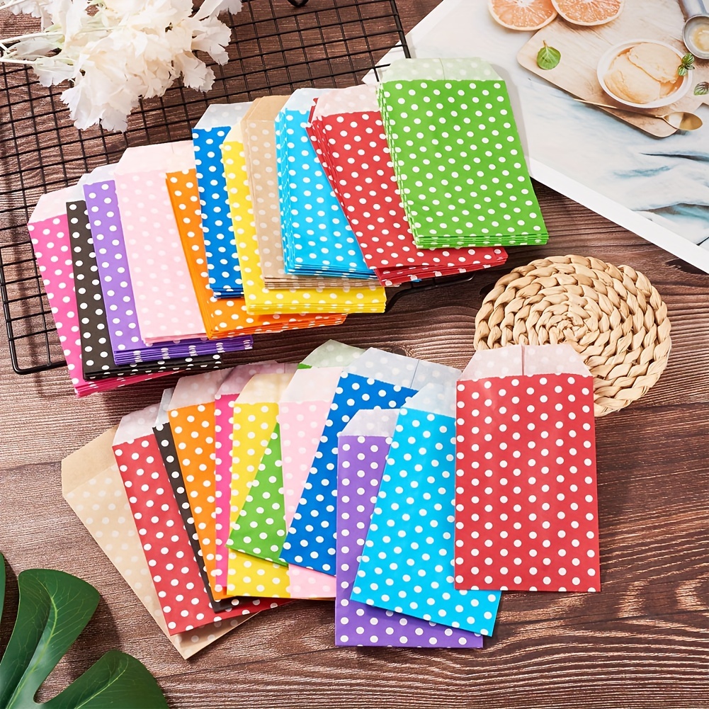 

110pcs 11 Colors Paper Bags, No Handles, Storage Bags, White Polka Dot Pattern, Color, 15x8.3x0.02cm, 10pcs/color, For Wedding Party Birthday Gift Bag