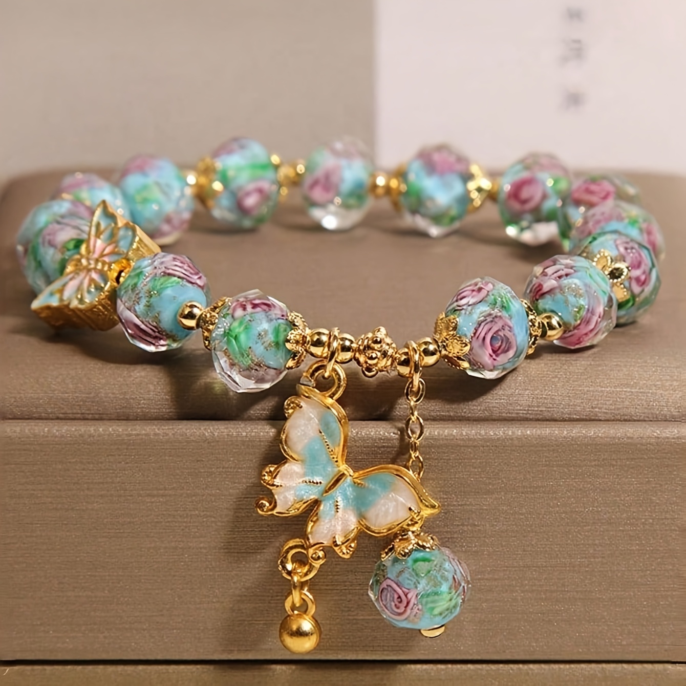 TEMU Bracciale con perline di vetro, ciondolo a blu e perline a forma rosa - Perline a di olio fatte a adatte per l'uso , gioielli regalo per