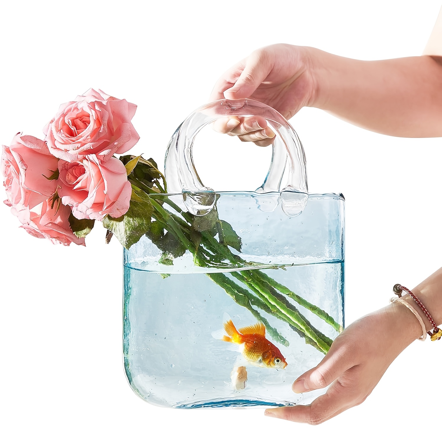 Light Blue Handbag-shaped Glass Vase - Hand-blown Bubble Textured Glassware, Suitable For Flower Arrangement, Table Decoration, Weddings And Living Room Furnishings, Size: 26.5 X 19.5 X 11 Cm