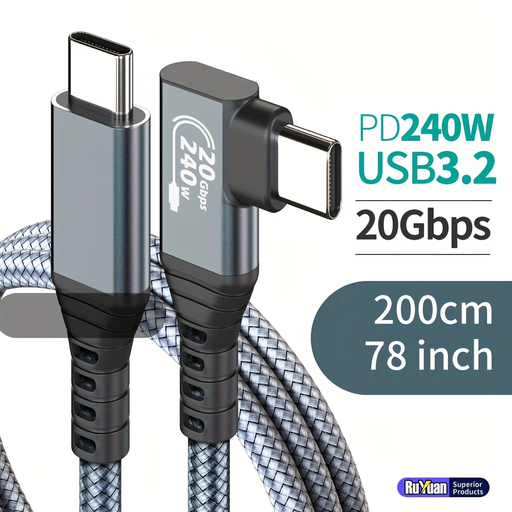 240w Usb-c To Type-c Fast Charging Cable, Usb 3.2 20gbps, 9-degree Right Angle Weaving Data Cable, For Iphone 15//dell Xps//switch