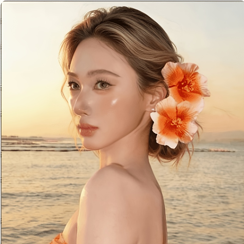 2pcs Beach Flower Hair Clips Gradient Color Hibiscus Hair Additions Simulation Flower Headdress Hair Clips With Floral Pattern Decorative Clips