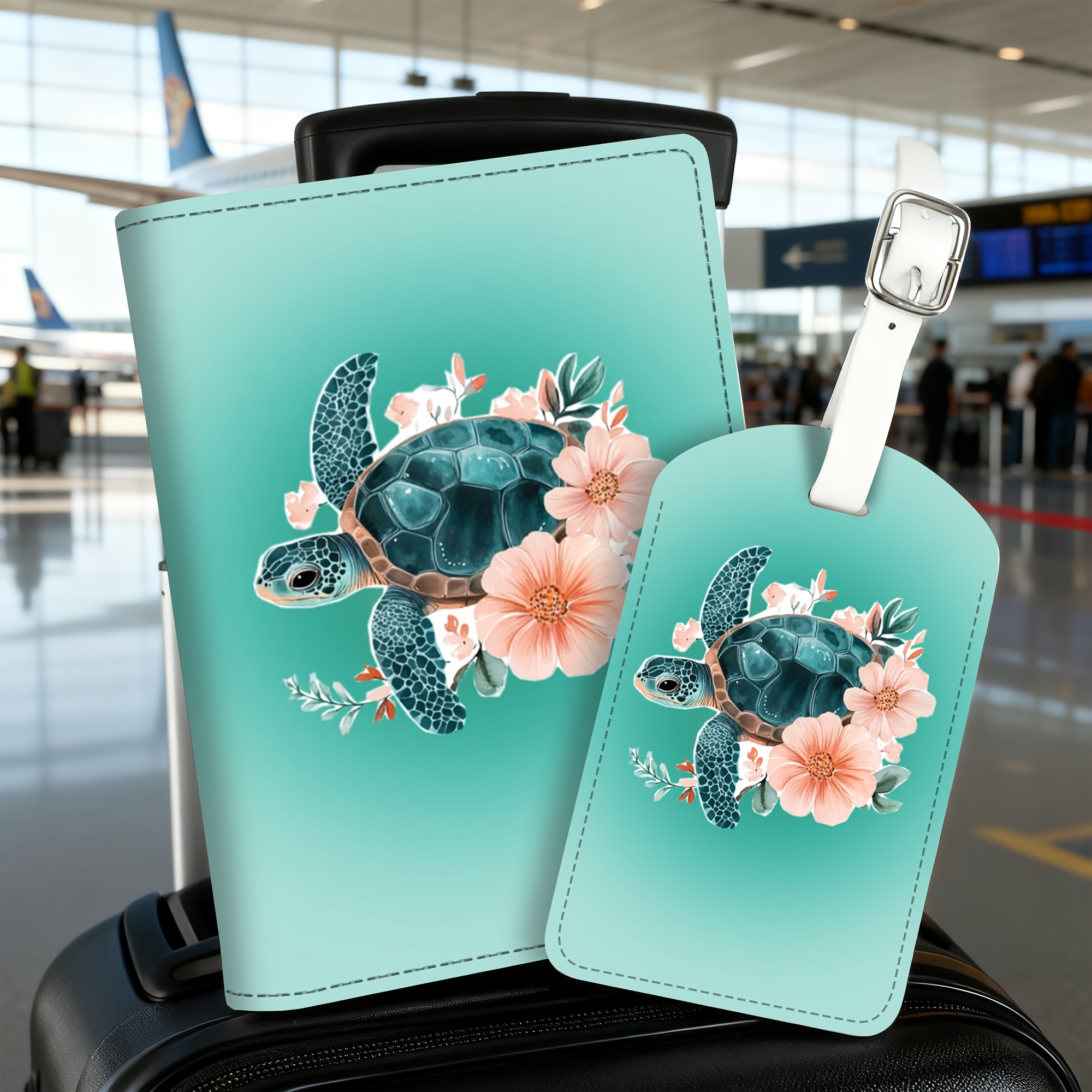 TEMU 2pcs Set Sea Turtle And Floral Pattern Passport Holder Luggage Tag, Lightweight Pu Material, Suitable For Travel Bags, Backpacks, Gym Bags,