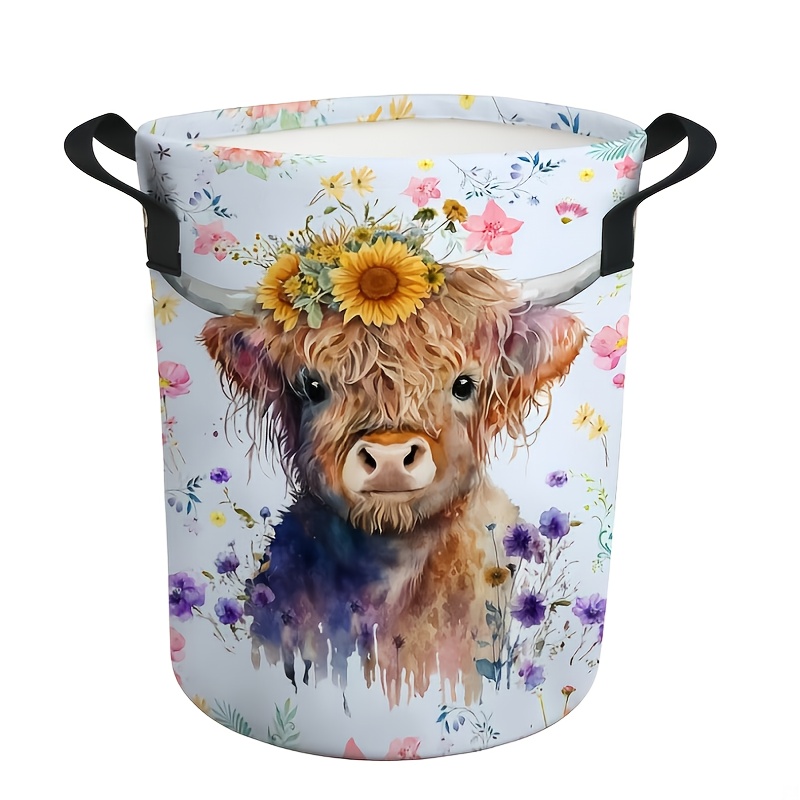 

Rustic Highland Cow Laundry Basket, Foldable Waterproof Polyester Clothes Hamper, Stacking Storage Bucket For Bathroom/laundry/bedroom, 19.6x15.7 Inches, Cover Design, Shelf Baskets