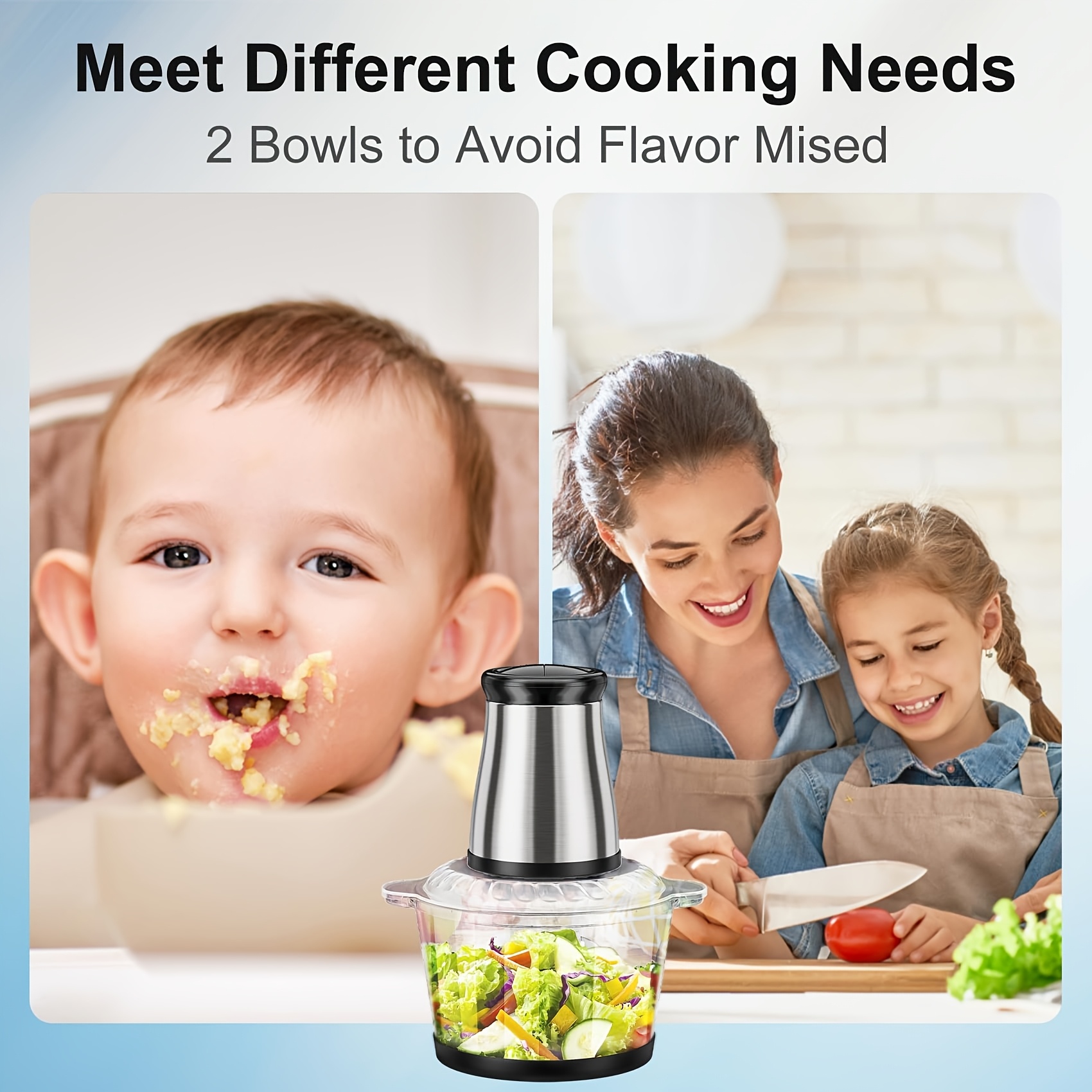 2 speed electric food processor and meat grinder with powerful motor heavy duty dual bowl system 8 cup glass stainless steel bowl safety lock blades for meat vegetables nuts dough ideal for home kitchen commercial use compact countertop design sharp blades Product details 3