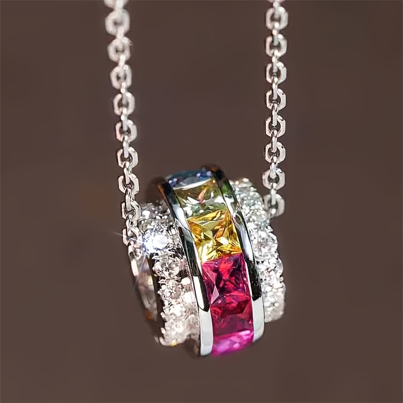 Image of 1pc Women's Fashion Pendant Necklace With Colorful Synthetic Synthetic Zirconia Round Pendant, Daily Casual Party Necklace Jewelry Gift
