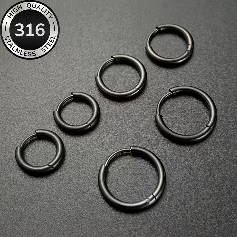 Image of 6pcs/3 Pairs Stainless Steel Black Earrings Set | Unisex 8mm-12mm | Non-plated Hypoallergenic Small Hoop Earrings | Lightweight Earrings Suitable For Multiple Piercings