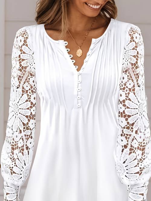 european and american spring and autumn fashion new womens lace lace sleeves pressed pleated solid color t shirt base shirt button shirt blouses