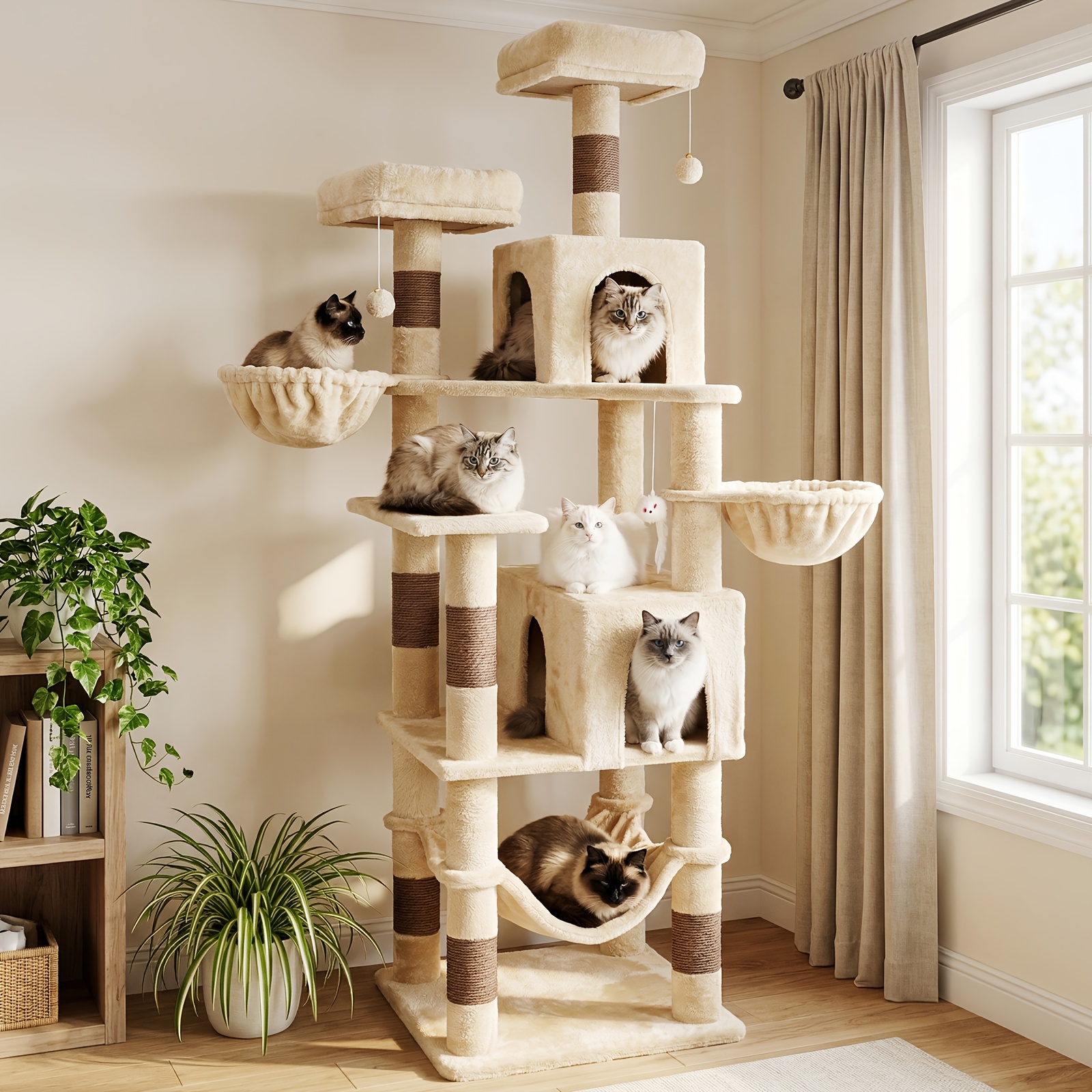 Image of Amhancible 180cm Cat Tree Tower With 8 Sisal Scratching Posts, 3 Hanging Cat Toys, 2 Condos, 2 Plush Perches. Sturdy, Easy To Assemble