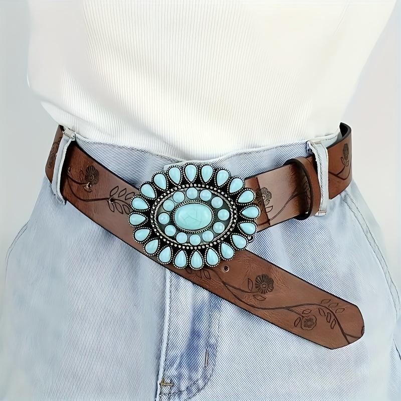TEMU 3.8cm Wide Vintage Court Style Synthetic Gemstone Inlaid Women's Wide Belt, Western Cowboy Style Niche Women's Belt, Carved -sapphire Belt,