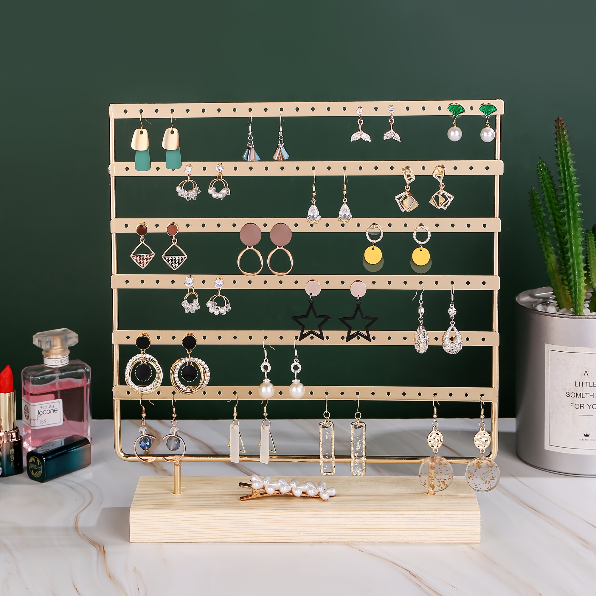 6 tier   stand with 144 holes metal earring display organizer with wooden base perfect gift for moms and women jewelry display stand modern jewelry stand wooden jewelry stand 0