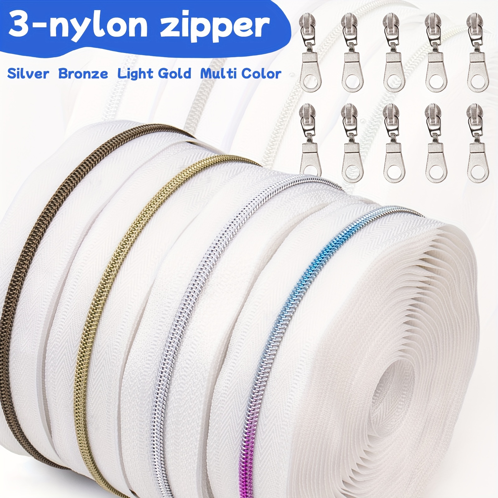 

1pc Nylon Zipper Roll With 10 Sliders, 3# Multi-color Light Golden, Bronze, Silvery Teeth, Diy Sewing Craft For Clothing, Bags, Home Textiles, Leather Goods - Durable & Versatile