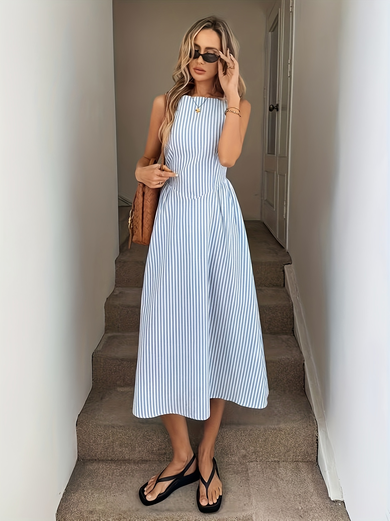 a striped sleeveless a line midi dress perfect spring summer - Temu Oman