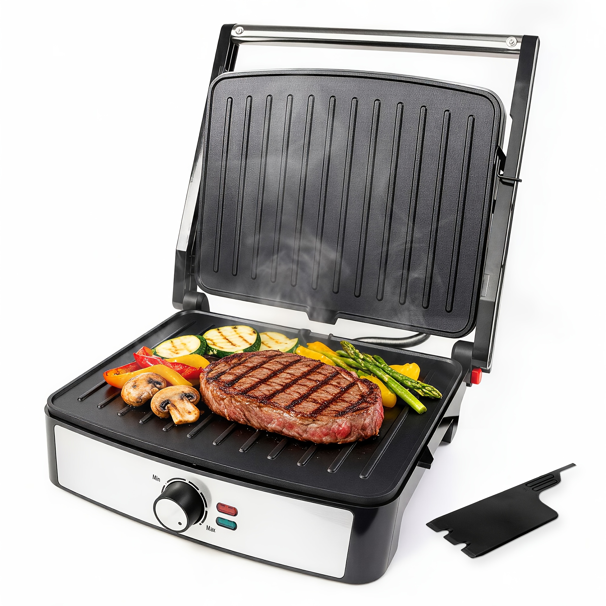 Image of 2200w & Panini Sandwich Maker With Double Coated Grill Plates, Open 180° Contact Grill, Knob Temperature To , Ideal For Sandwiches, Panini, Steak, Bbq, And Home Kitchen