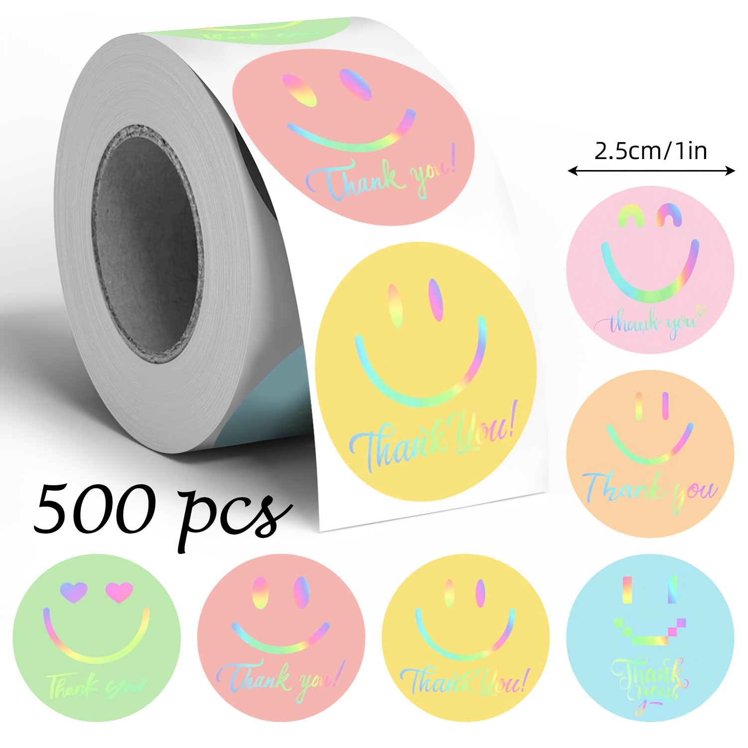 TEMU 500 Stück/Rolle Laser Face 6-farbige Laser Face Dankeschön-Aufkleber, bunte Dankeschön-Etiketten, geeignet für Hochzeits-