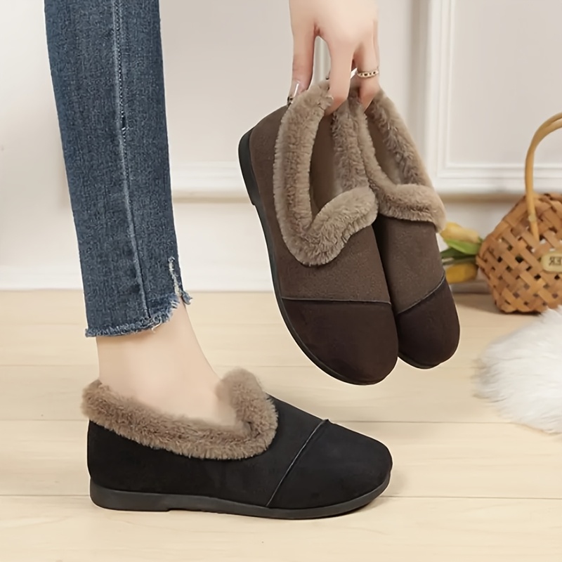 

Women'-inspired Winter Loafers, Solid Color Fabric Upper With Plush , Plain Toe Penny-loafer Style, Soft Pvc Sole, With Hand Washable Or Only