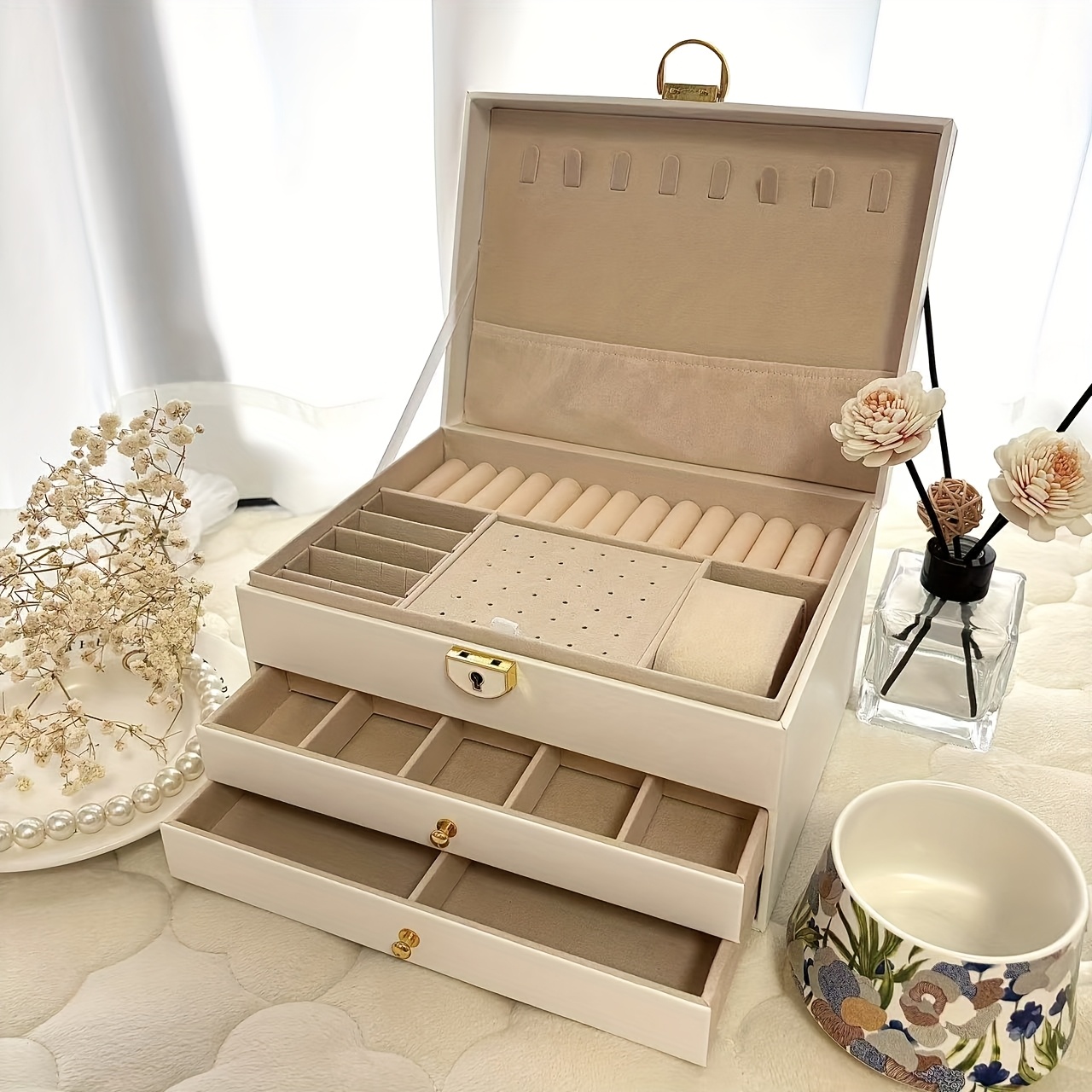 luxurious jewelry organizer box with lock - large capacity   display case for necklaces, earrings bracelets & watches in   leather  . ideal gift or home/salon storage solution, jewelry boxes Product details 9
