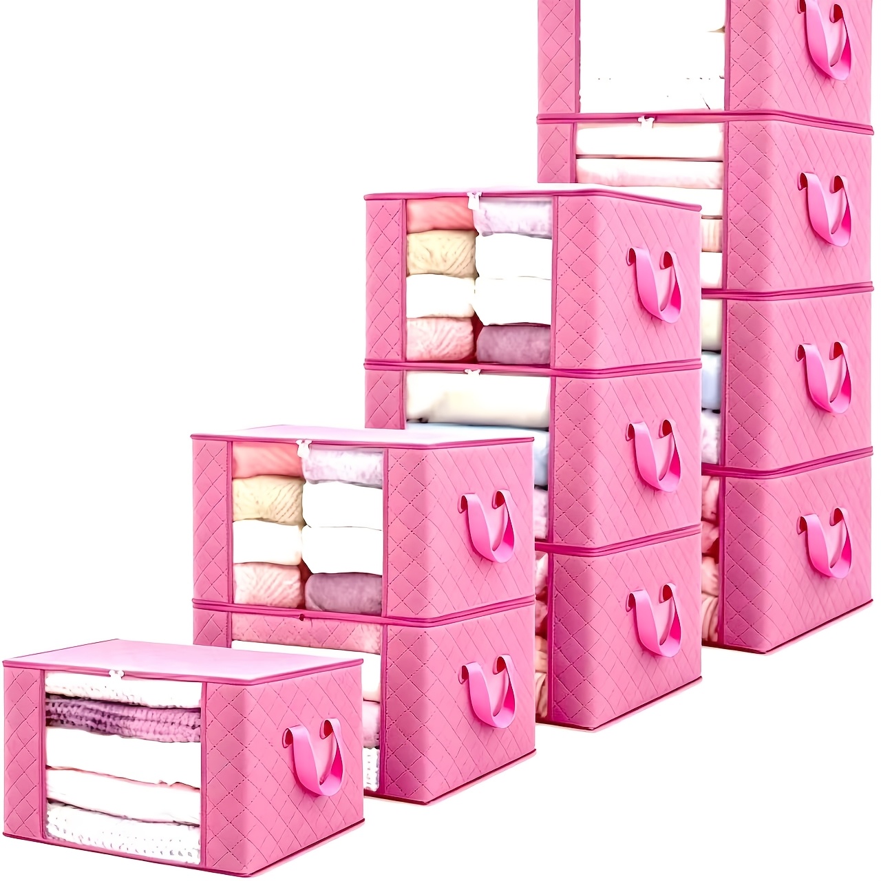 Image of 10pcs Clothing Storage Set, Foldable Blanket Organizer For Bedroom, Wardrobe, Clothes, Quilts, With Handles And Straps, Pink 10pcs, White Zipper, Under-bed Storage
