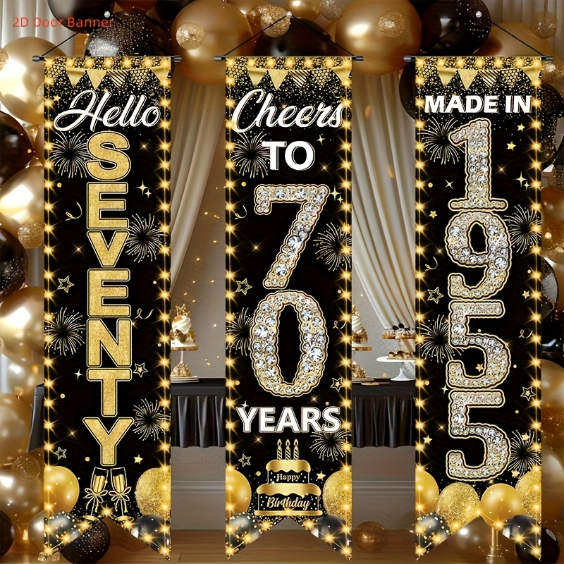 Three 2D Door banners for the 70th birthday party, 70th birthday  decorations for Golden 1955 porch sign for men and women, 70