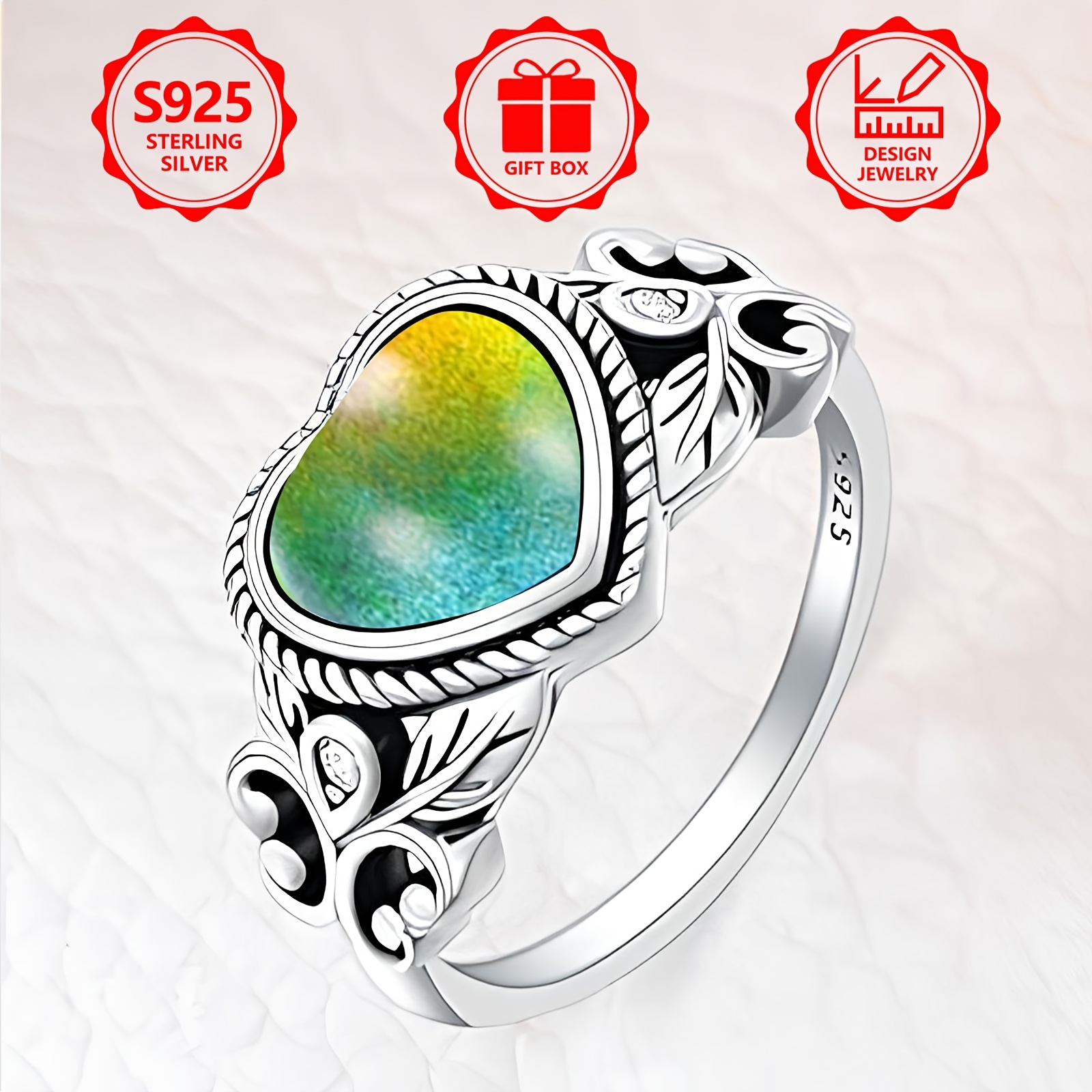 925 Sterling Silver Boho Mood Ring Heart Shape Hypoallergenic Gift