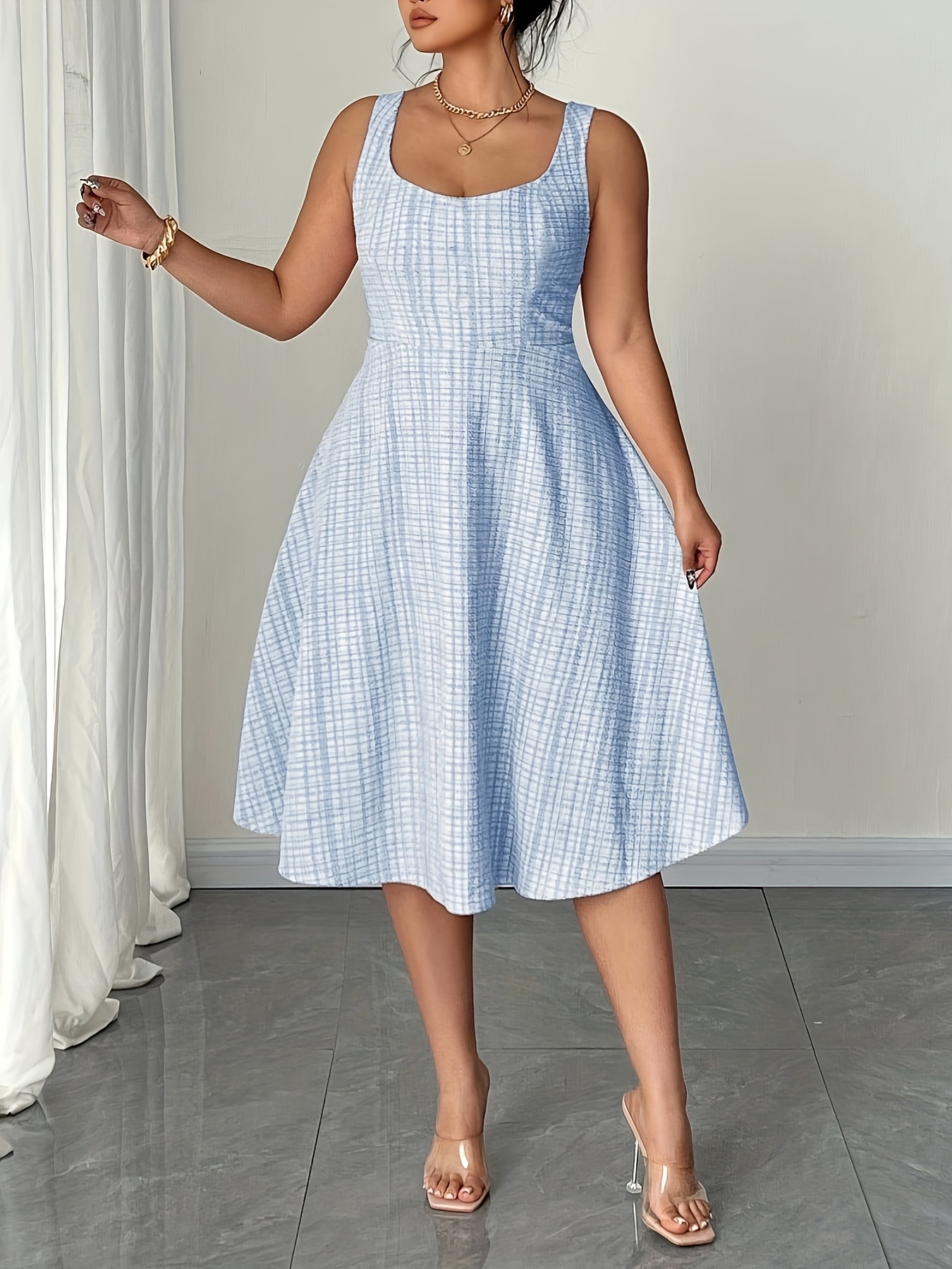 plus size plus size womens elegant blue gingham check print - Temu Oman