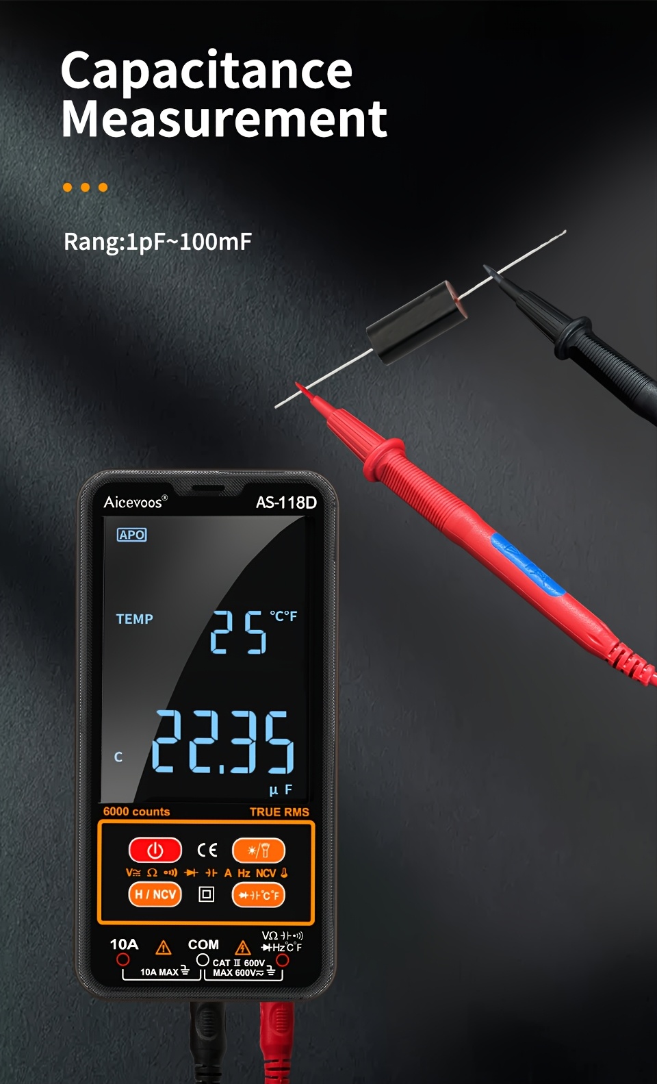 Интелигентен цифров мултиметър с автоматично обхващане на диапазона, волтметър, електрически тестер, измерващ напрежение, ток, капацитет, съпротивление, непрекъснатост, цикъл на работа, температура, честота