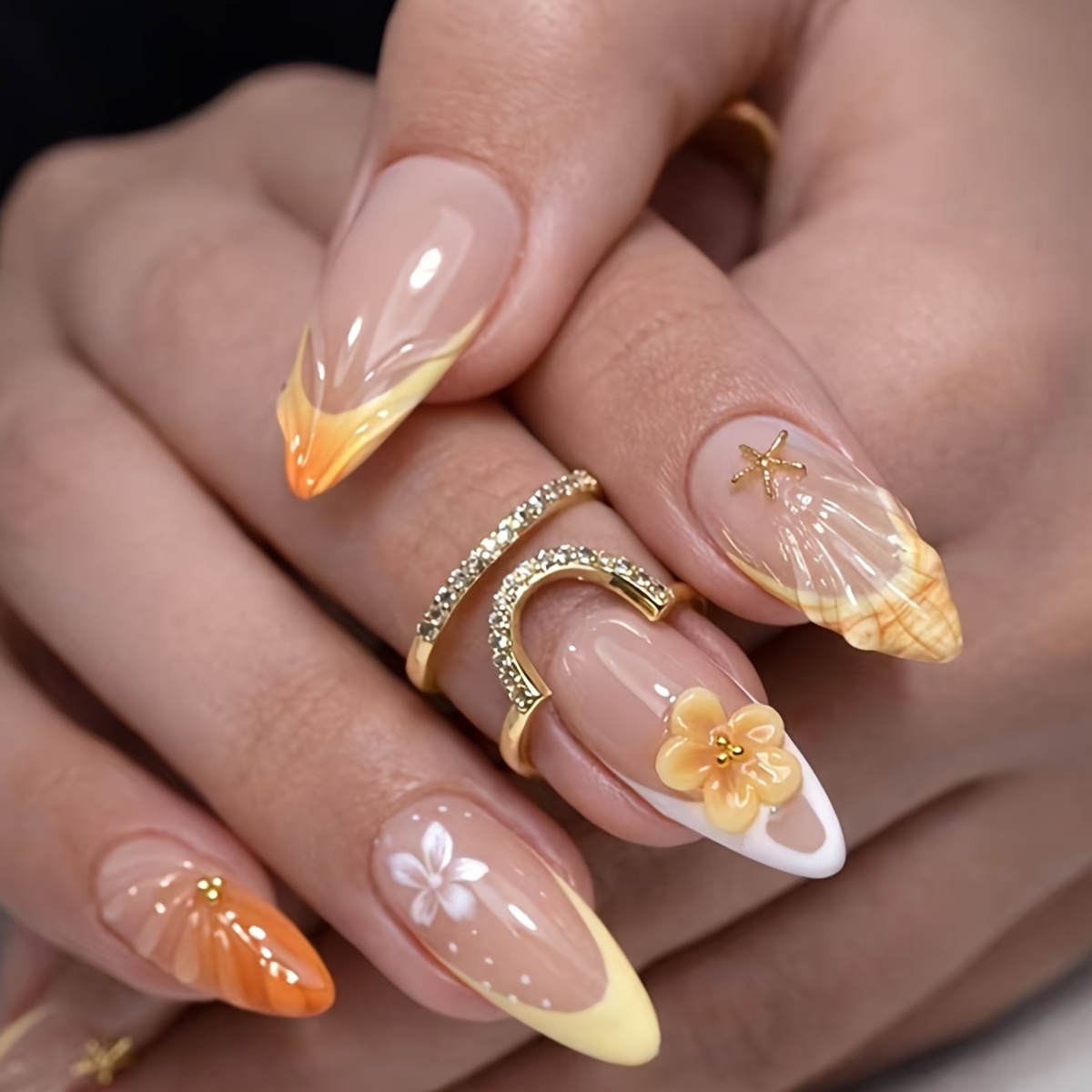TEMU 24pcs/set. New Short Almond-shaped Nail Stickers In Y2k Edgy Style, Available In Nude, Orange, Cream Yellow, And White; Pointed Nails. Beach