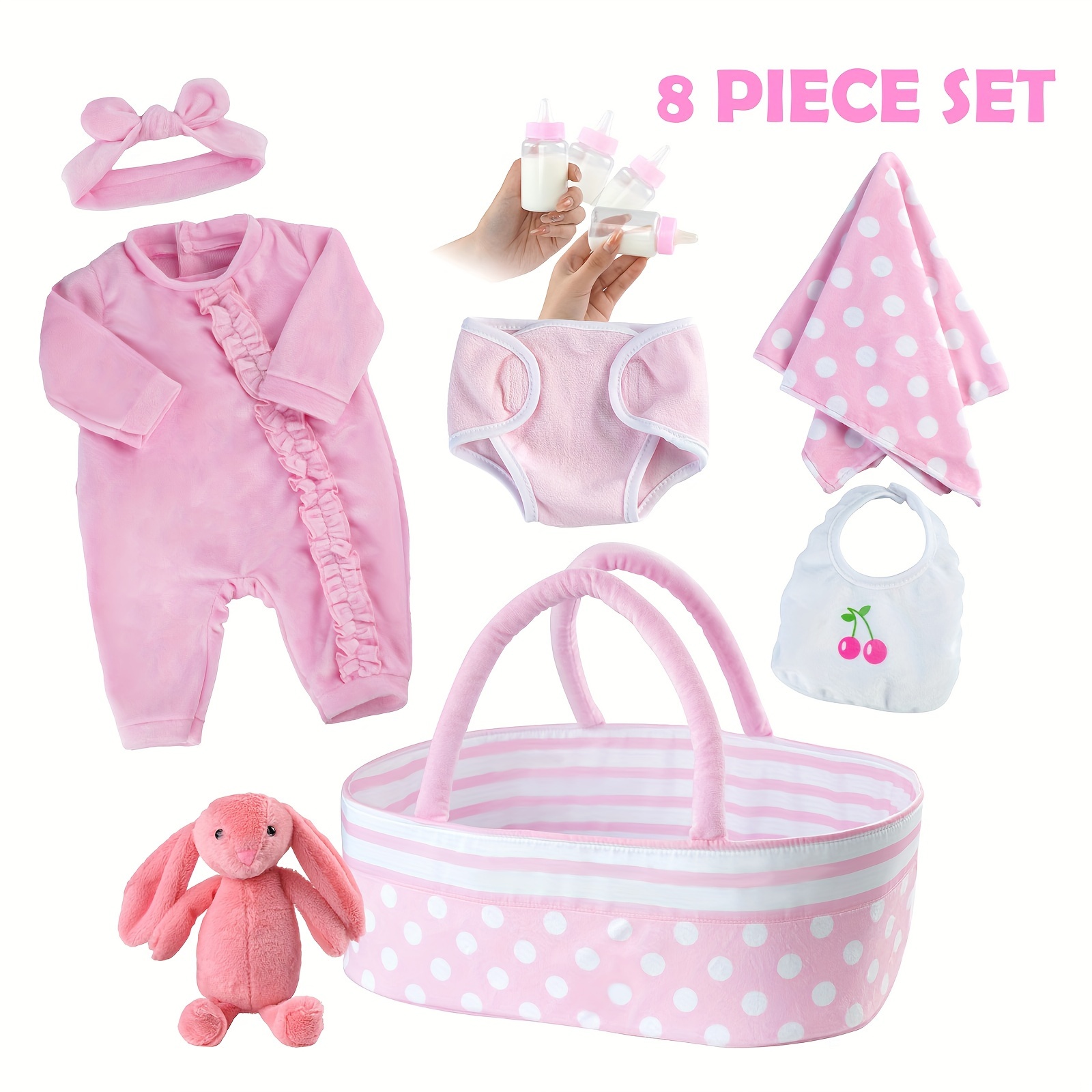 

8pcs Reborn Doll Accessories With Basket For 17-22 In Doll, Clothes Outfit Accessories Fit Reborn Doll, Not Include Doll