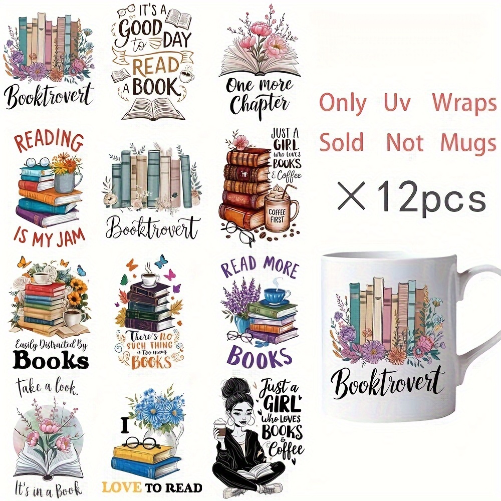 

12-pack Book Lover Vinyl Decal Stickers For Diy Crafting, And Bookish Designs For Glass, Coffee Mug, And Bottle Decoration, Uv And Water-resistant Transfer Stickers