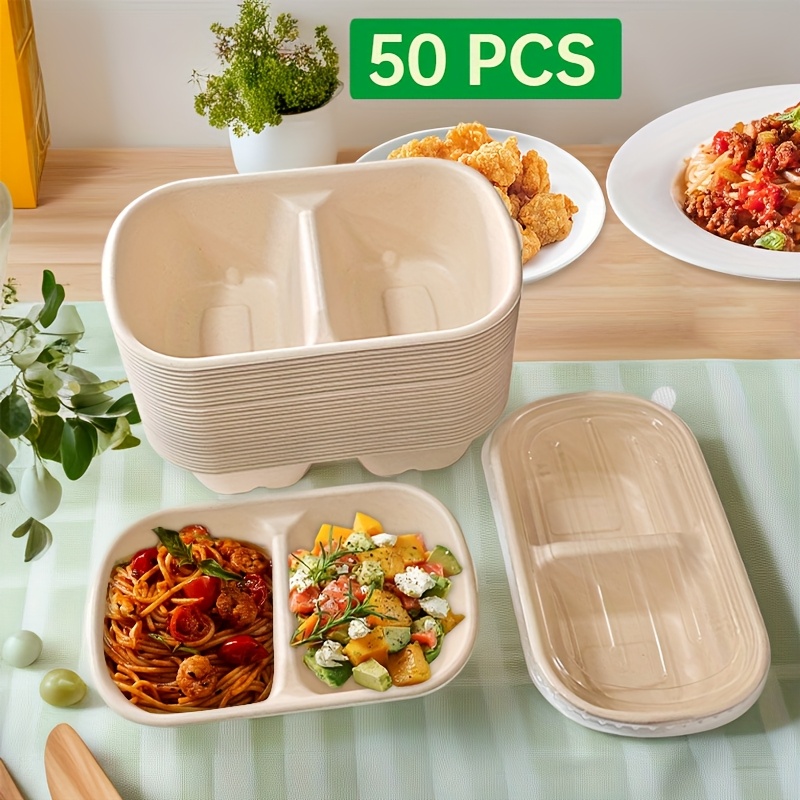 50pcs wheat straw compartment plates with lids 2 section disposable food trays microwave safe rectangular lunch boxes for party picnic meal prep salad tacos pasta storage 0