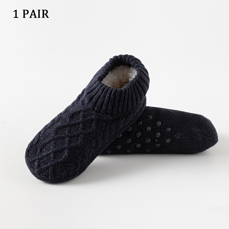 TEMU 1 Pair Men's Floor Slippers Unisex Indoor Slippers Fleece Thick Non-slip Soft Sole Plain Knit Warm Men's Shoes