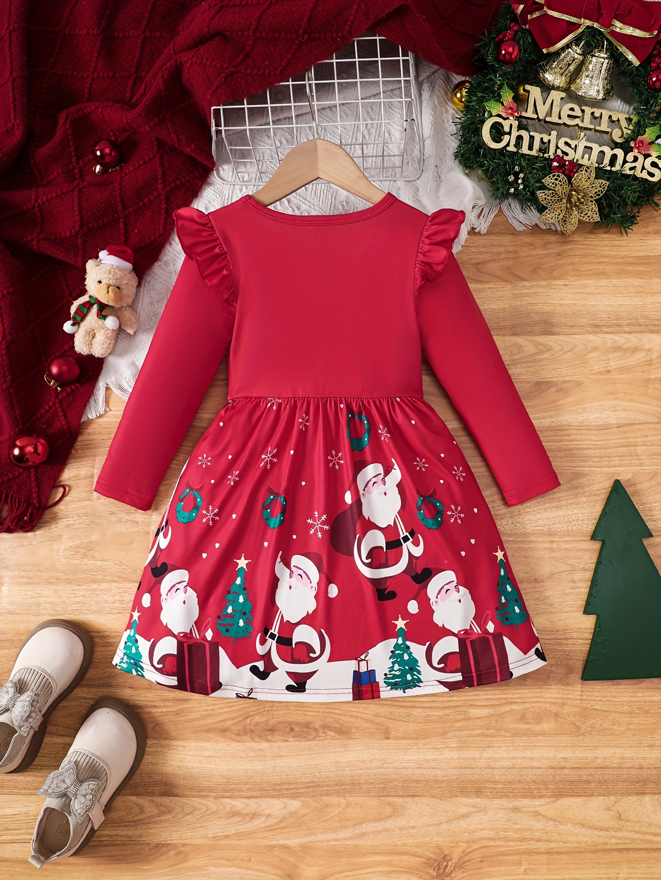 girls christmas long sleeve dress festive santa print Temu Mauritius
