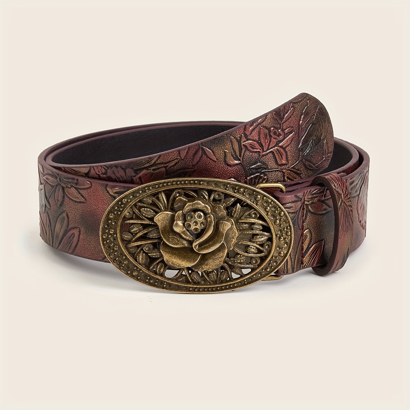 

1pc Vintage Pu Leather Belt Western Floral Engraved Embossed Fashionable Classic Belts Jeans Pants Dresses Accessories For Women