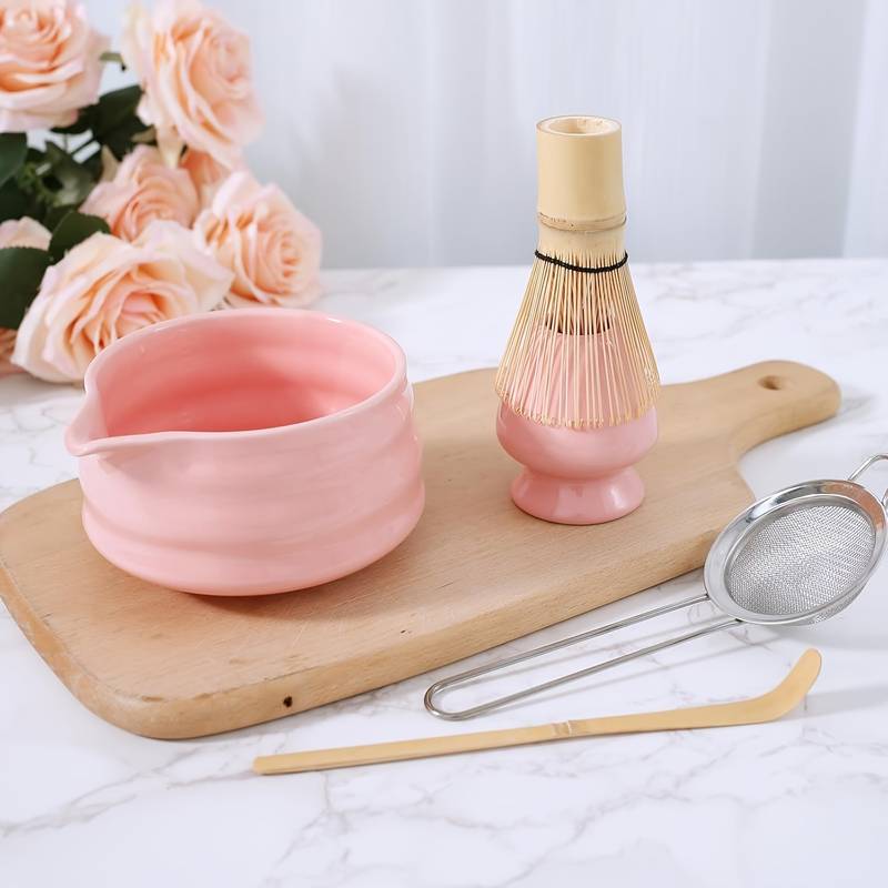 Kit Matcha Complet ZENS 6 Pièces - Bol, Fouet, Tamis, Cuillère, Rose Sakura, Pour Cérémonie Du Thé