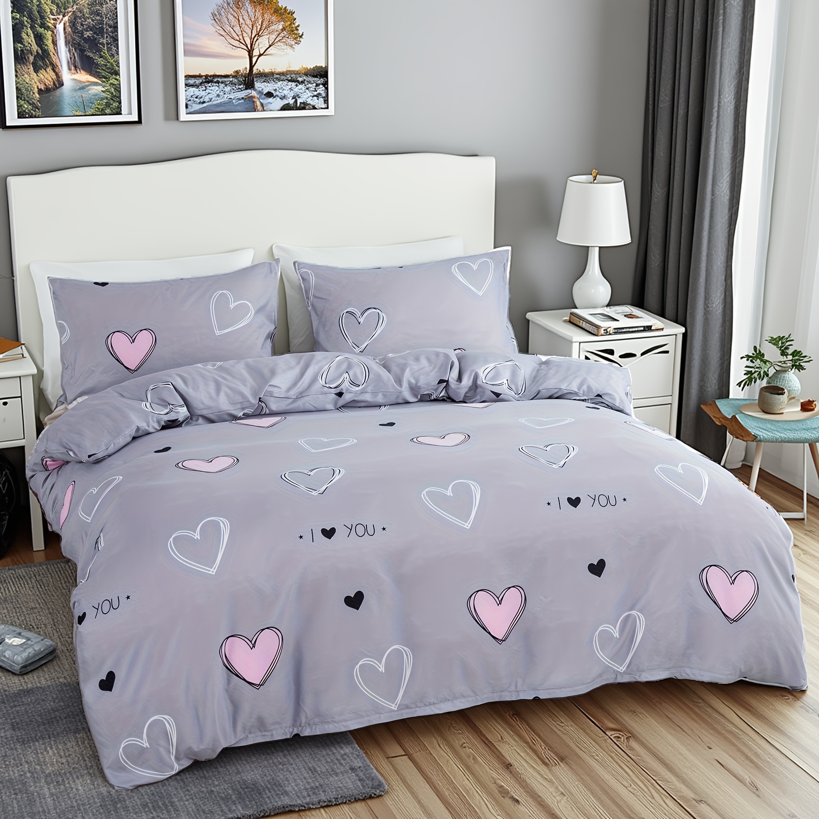 Image of Pink Love Print Fleece Quilt Cover Set With Pillowcases*1+2, Polyester Heart-shaped Bedspread 3pcs Set Ultra Soft Comfortable Breathable Duvet Cover Suitable For Bedroom And Dormitory Use