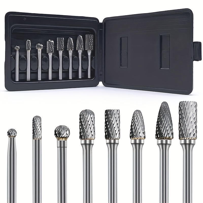 

Carbide Burr Set, 1/4" Shank Die Grinder Bits, Rotary Tool Bits Double Files For Concrete Grinding Deburring Trimming Polishing, 8pcs In Sturdy Case